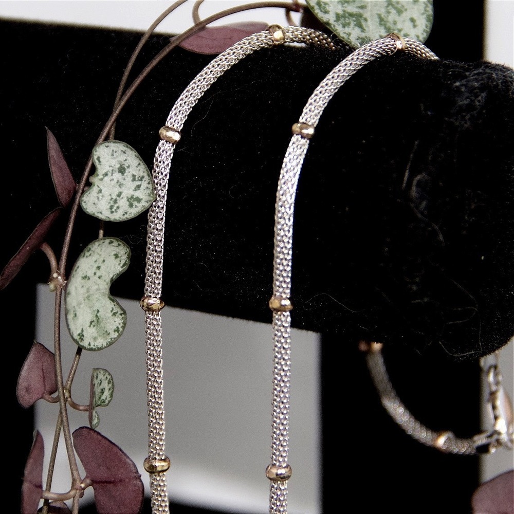 Sterling Silver Two Tone Mesh Popcorn Chain Necklace Gold Tone Bead Accents 16in - Picture 2 of 9